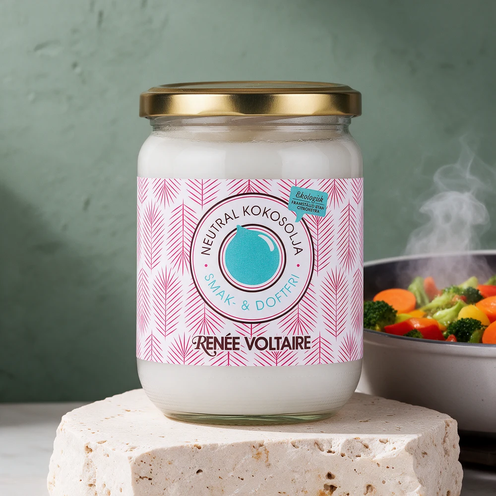 Renée Voltaire Neutral Kokosolja «Smak- & doftfri», merket «Framställd utan citronsyra», i glasskrukke