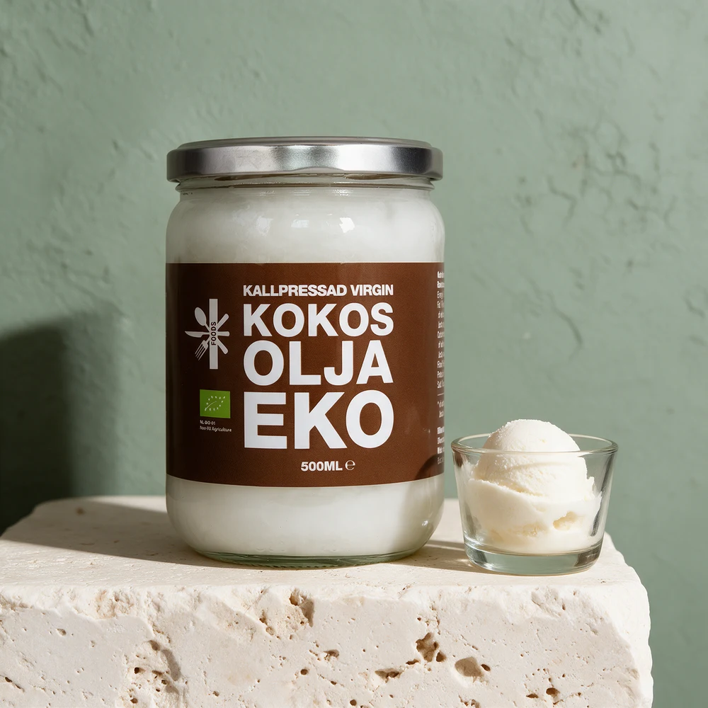 Superfruit Foods Kallpressad Virgin Kokos Olja Eko i glasskrukke med metallokk