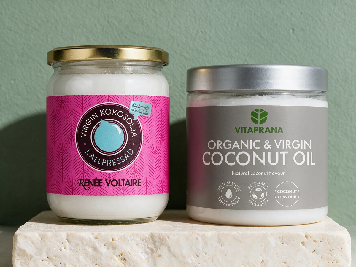 Renée Voltaire Virgin Kokosolja i glasskrukke med metallokk og Vitaprana Organic & Virgin Coconut Oil i plastboks