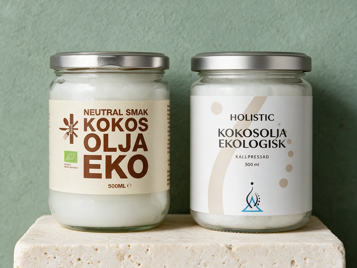 Superfruit Kokos Olja Eko «Neutral smak» og Holistic Kokosolja Ekologisk «Kallpressad» – to av de tre oljene med en utfylt næringstabell