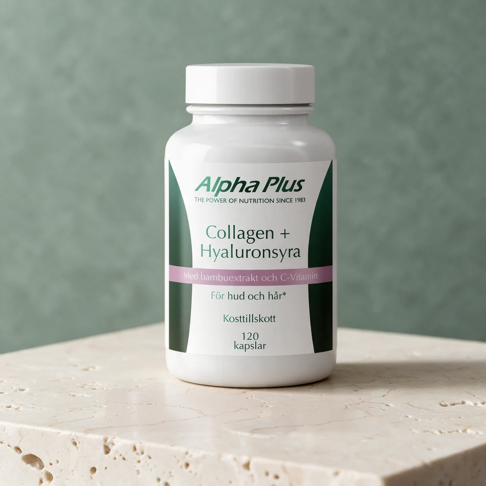 Alpha Plus Collagen + Hyaluronsyra i hvit boks på en travertinblokk