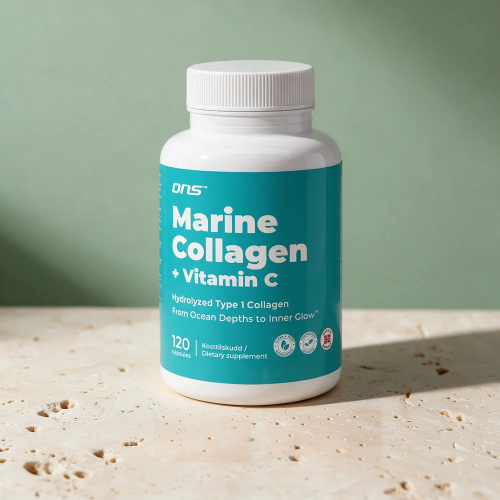DNS Marine Collagen + Vitamin C i hvit boks med turkis etikett