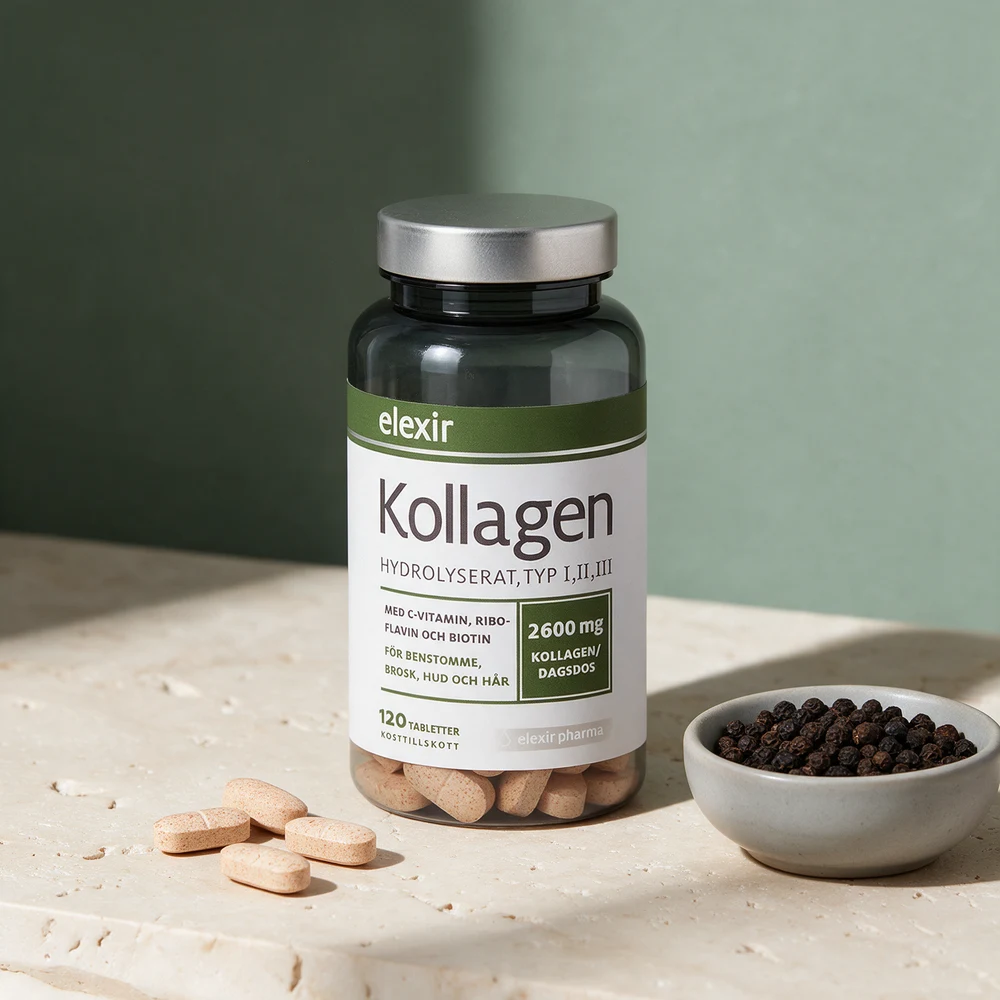 Elexir Pharma Kollagen i mørkt glass med lysebrune tabletter og en skål svarte pepperkorn