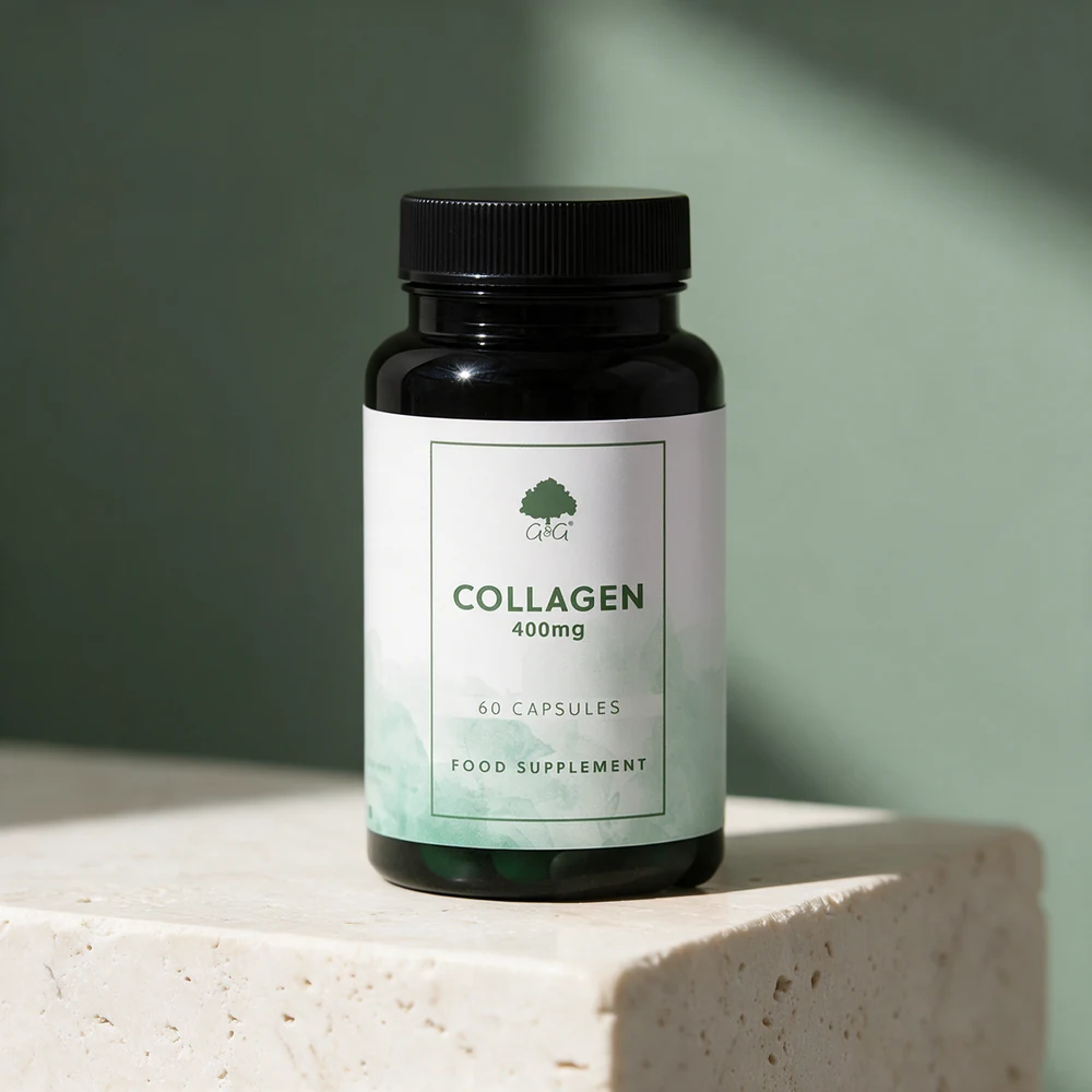 G&G Collagen Marine 400 mg, glass med 60 kapsler, på en travertinblokk