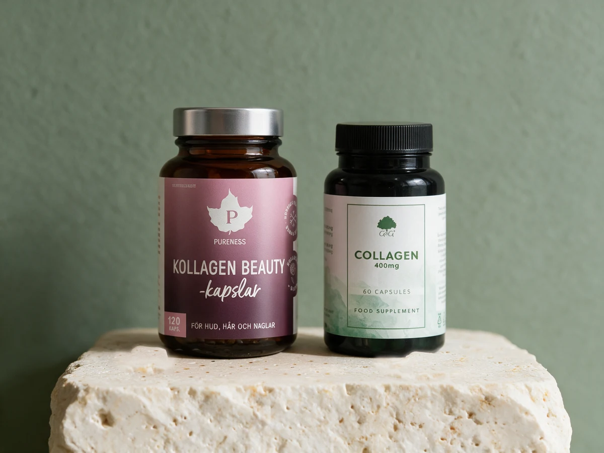 Pureness Collagen Beauty med 120 kapsler og G&G Collagen Marine med 60 kapsler, side om side