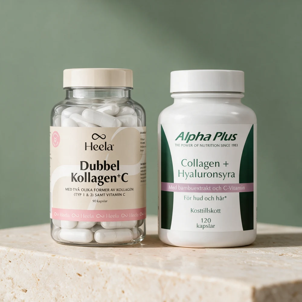 Heela Dubbel Kollagen + C i klar boks med hvite kapsler og Alpha Plus Collagen + Hyaluronsyra i hvit boks