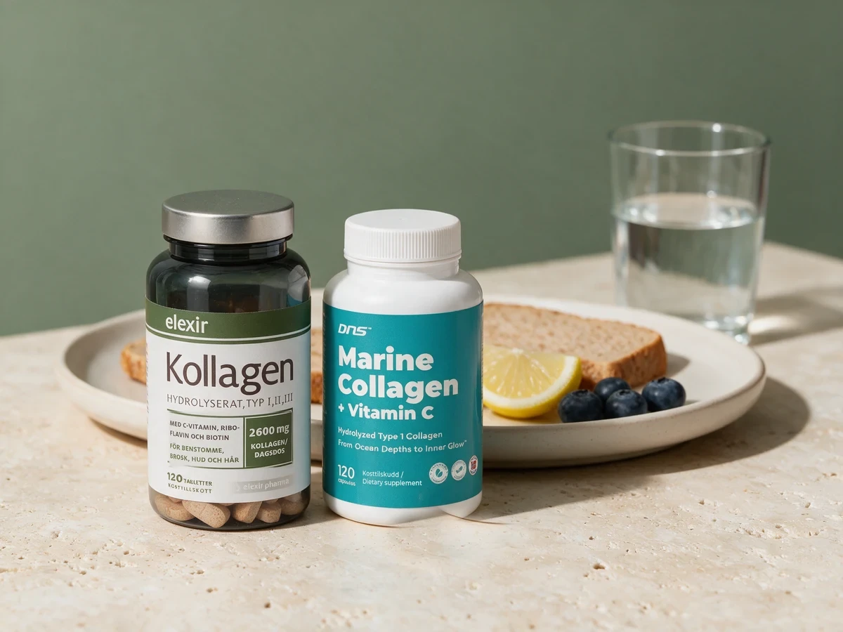 Elexir Pharma Kollagen og DNS Marine Collagen + Vitamin C stilt ved et måltid med et glass vann