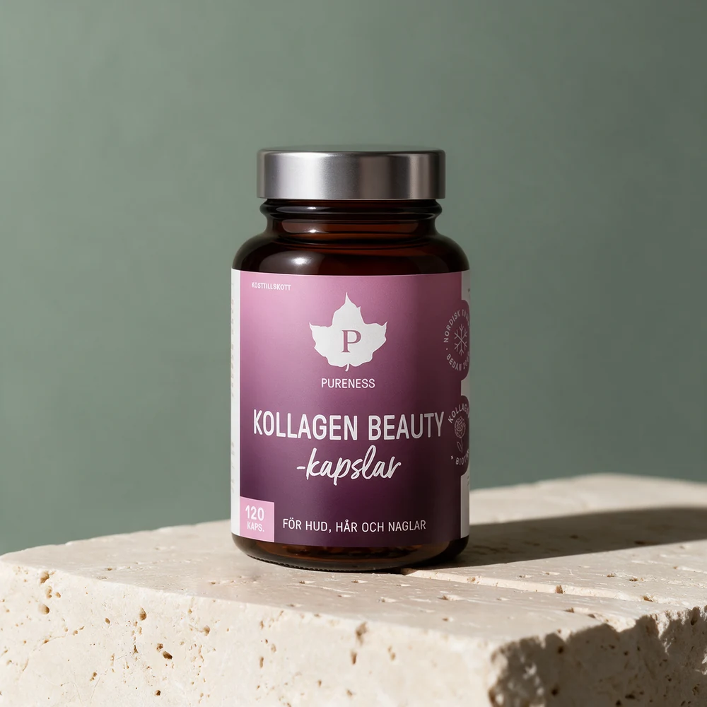Pureness Collagen Beauty, glass med 120 kapsler, på en travertinblokk
