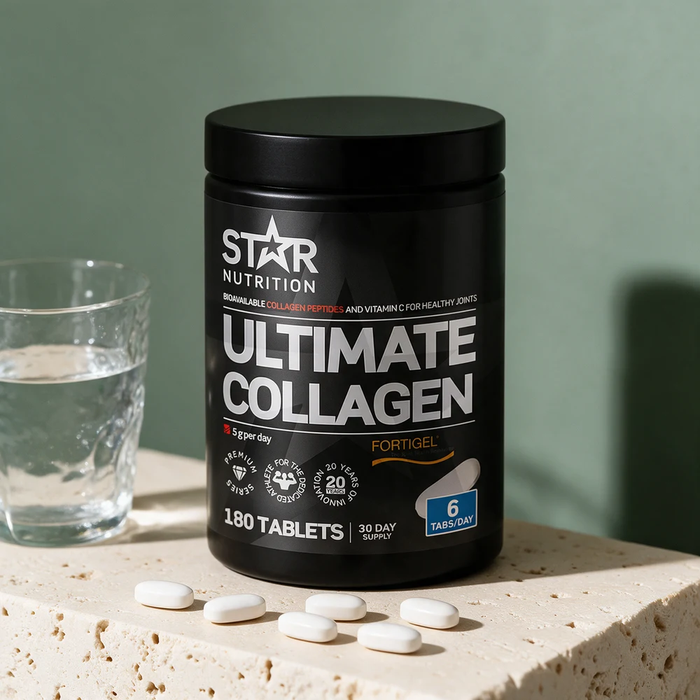 Star Nutrition Ultimate Collagen med seks avlange, hvite tabletter foran boksen og et glass vann