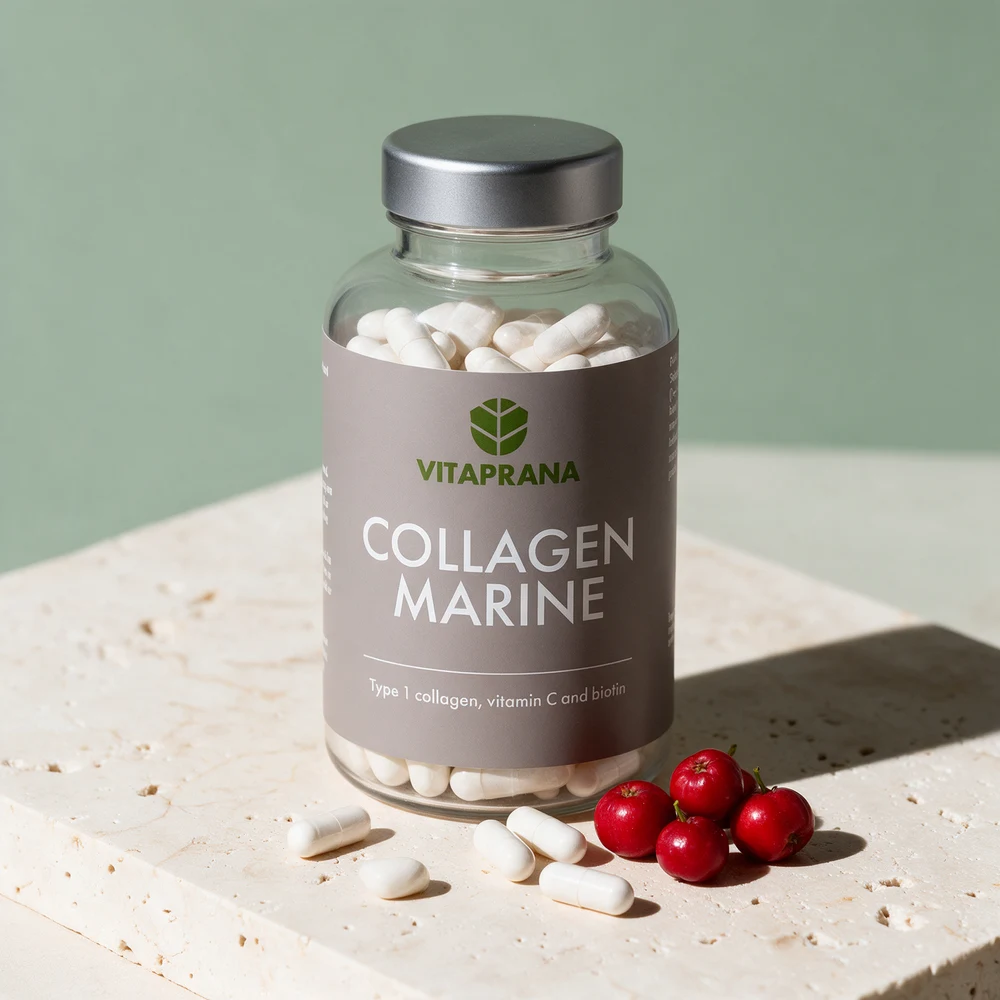 Vitaprana Collagen Marine i klart glass med hvite kapsler, noen løse kapsler og røde acerolabær