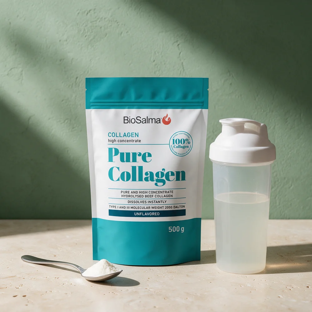 BioSalma Pure Collagen, 500 g pose med usmaksatt storfekollagen, og en spiseskje pulver