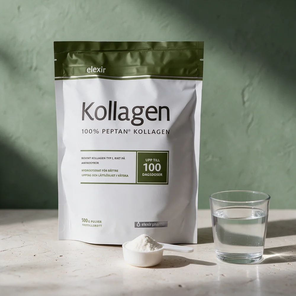 Elexir Pharma Kollagen 100 % Peptan, 500 g pose, med måleskjeen som følger med