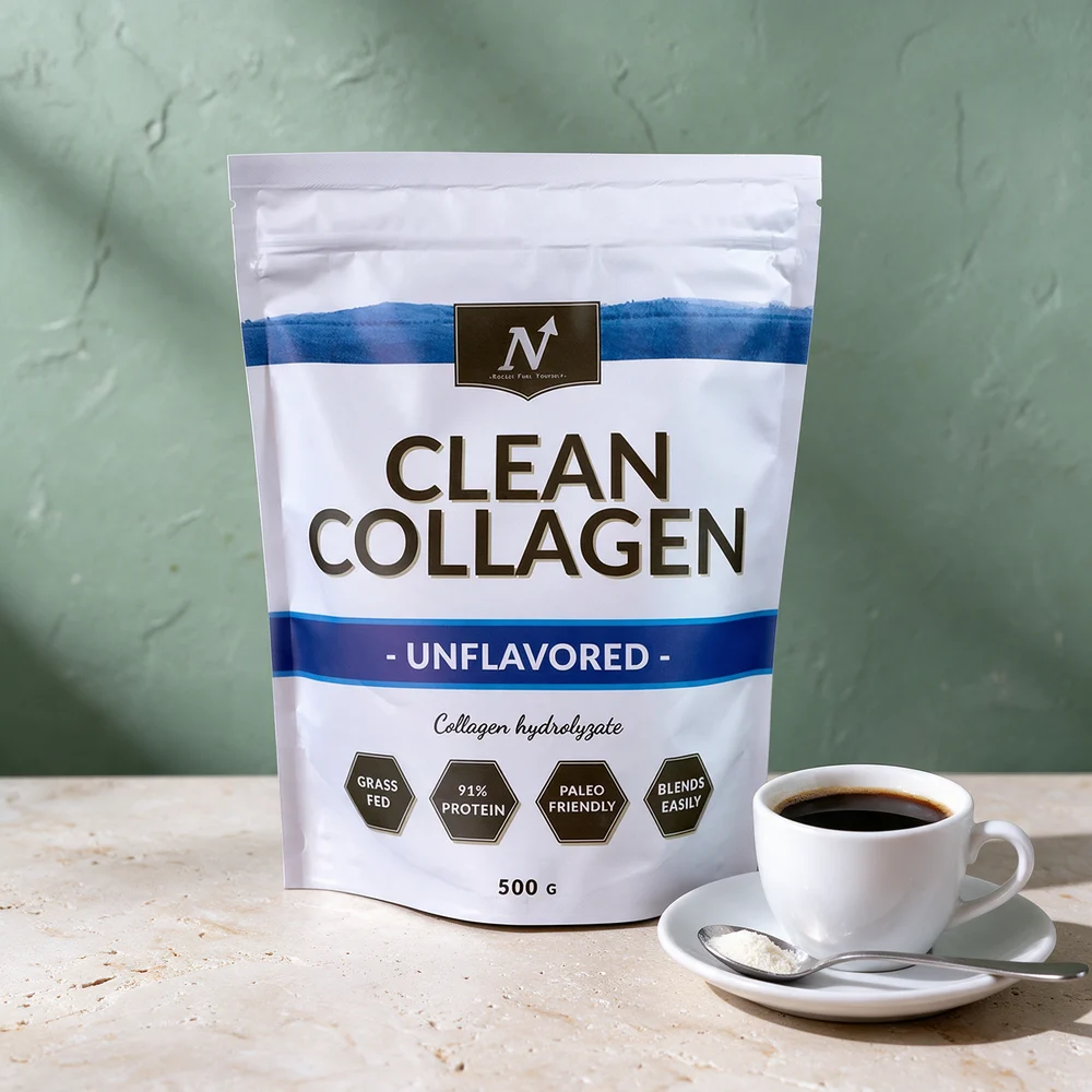 Nyttoteket Clean Collagen Unflavored, 500 g pose, med en teskje pulver
