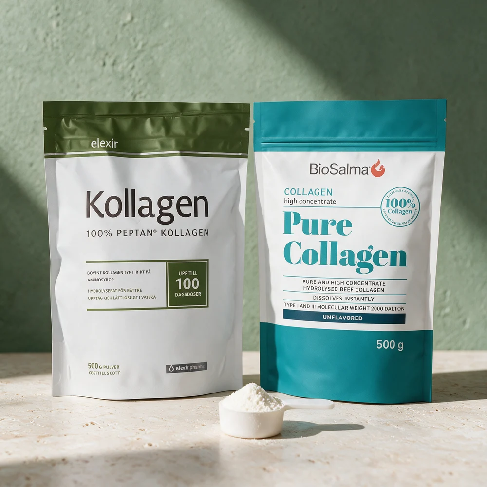 Elexir Pharma Kollagen 100 % Peptan og BioSalma Pure Collagen, to poser med rent storfekollagen, og en måleskje pulver