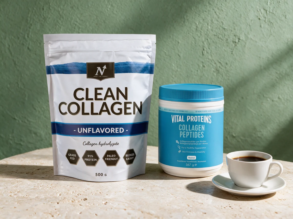 Nyttoteket Clean Collagen i pose og Vital Proteins Collagen Peptides i boks, to nøytrale pulvere uten smak