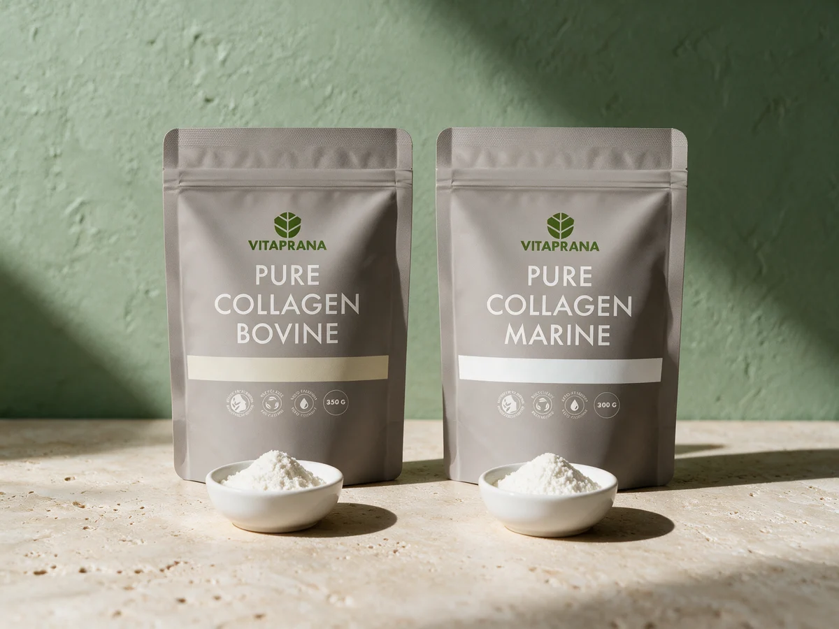 Vitaprana Pure Collagen Bovine og Vitaprana Pure Collagen Marine, samme pose fra storfe og fra fisk, med en skål pulver foran hver