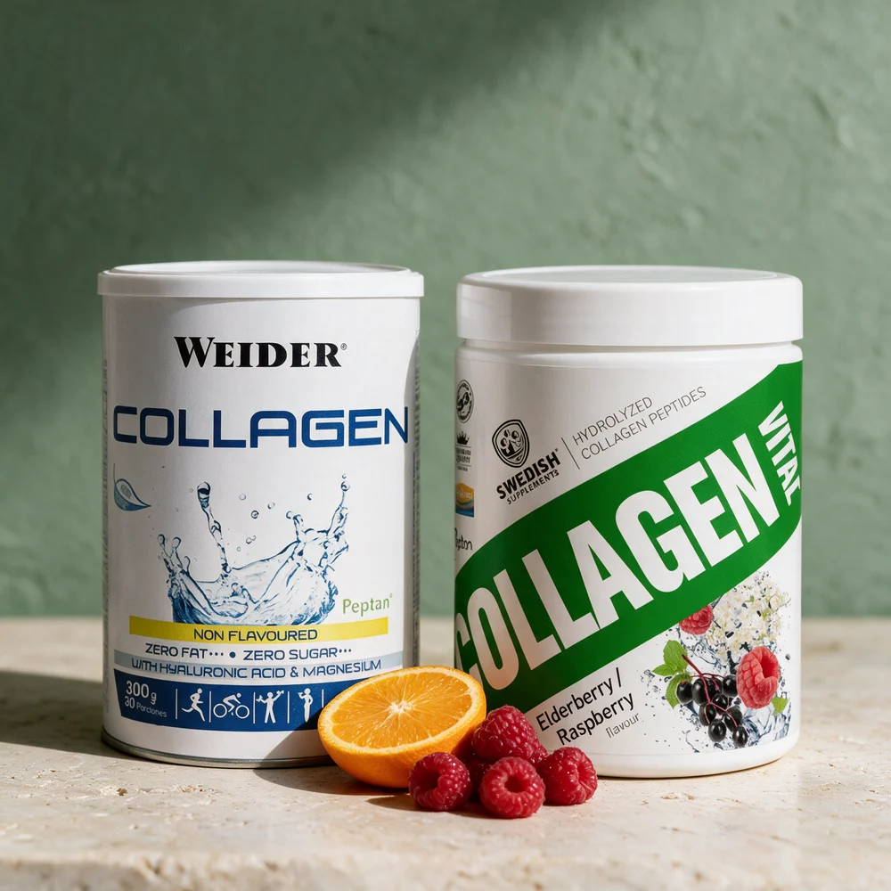 Weider Collagen Non Flavoured og Swedish Supplements Collagen Vital med hylleblomst og bringebær, de to boksene med vitamin C