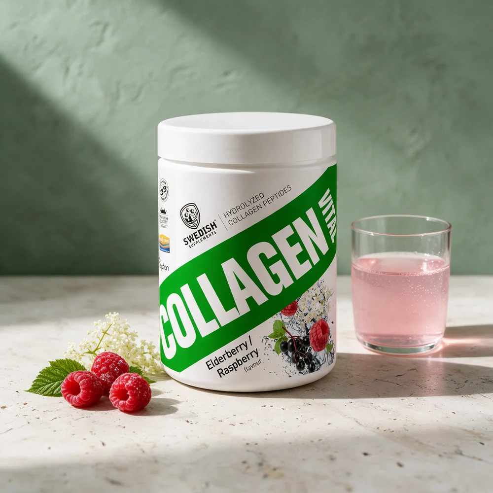 Swedish Supplements Collagen Vital med smak av hylleblomst og bringebær, 400 g boks