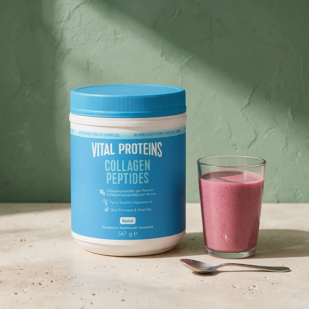 Vital Proteins Collagen Peptides, 567 g boks med teksten «No more plastic scoop. Please use a spoon»