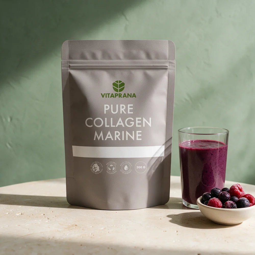 Vitaprana Pure Collagen Marine, 300 g pose med lys skrift på grå bunn