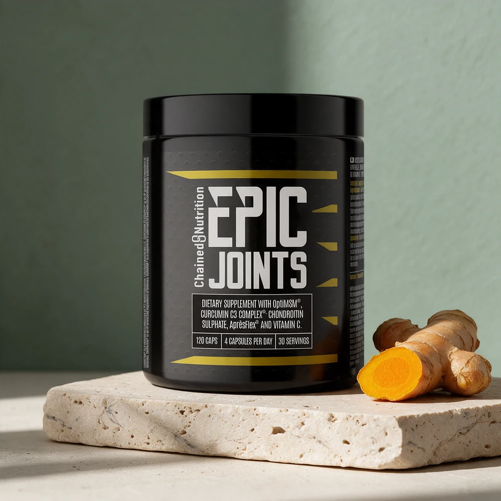 Chained Nutrition Epic Joints med 120 kapsler, fire om dagen, og en delt gurkemeierot