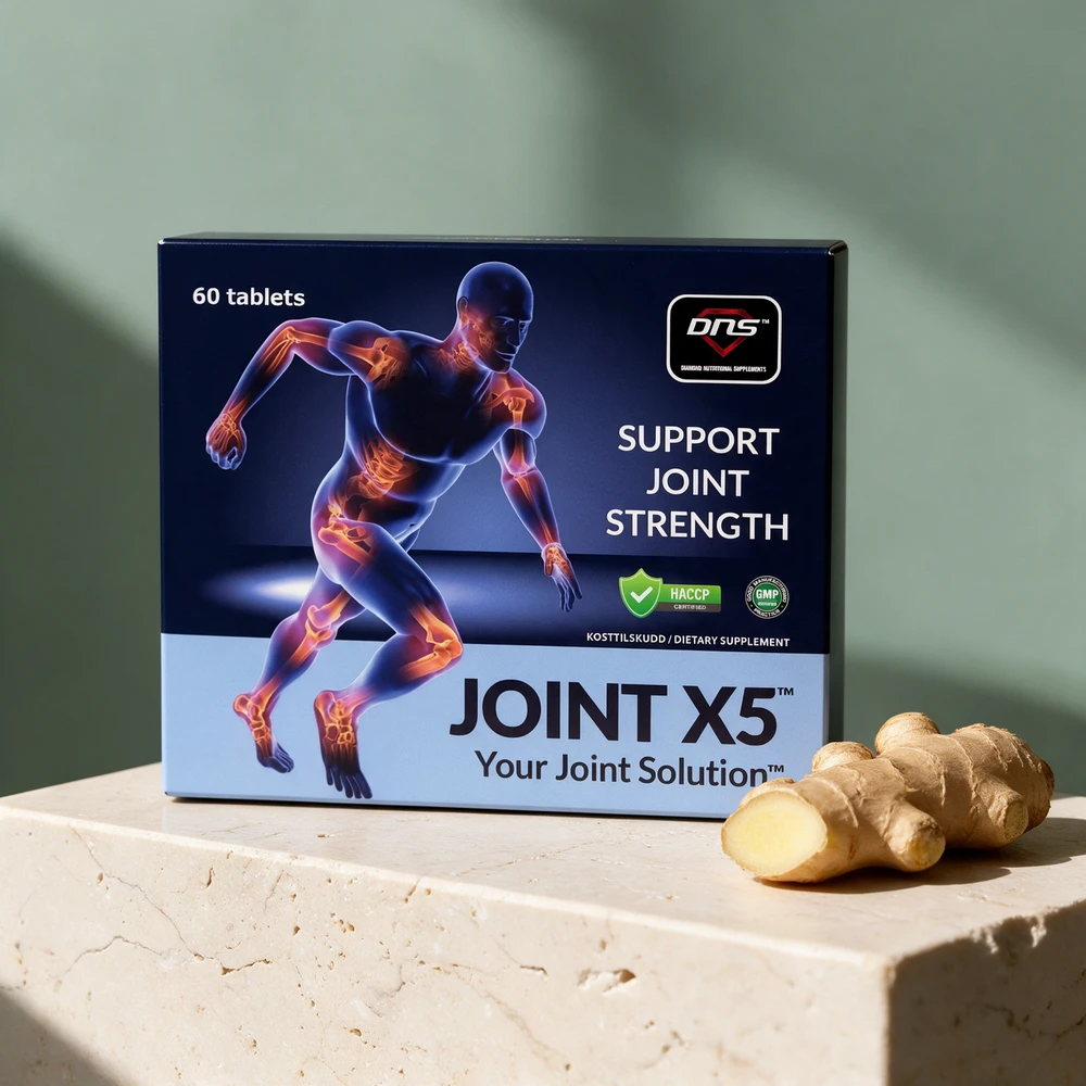 DNS Joint X5 med 60 tabletter og en bit fersk ingefærrot