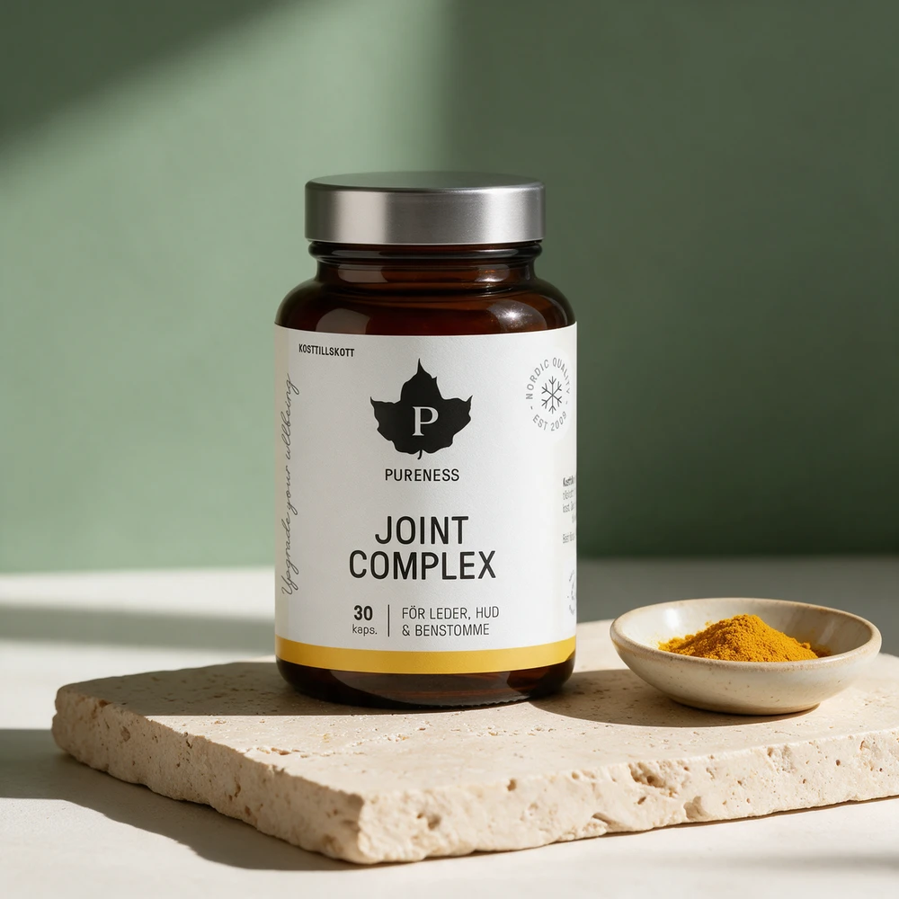 Pureness Joint Complex med 30 kapsler og en skål malt gurkemeie