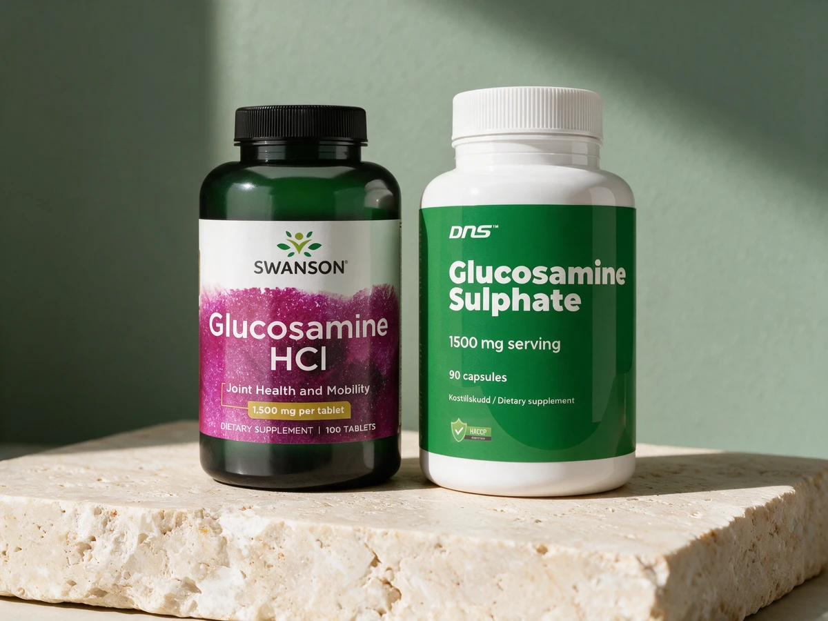 Swanson Glucosamine HCl og DNS Glucosamine Sulphate, begge med 1 500 mg glukosamin i dagsdosen