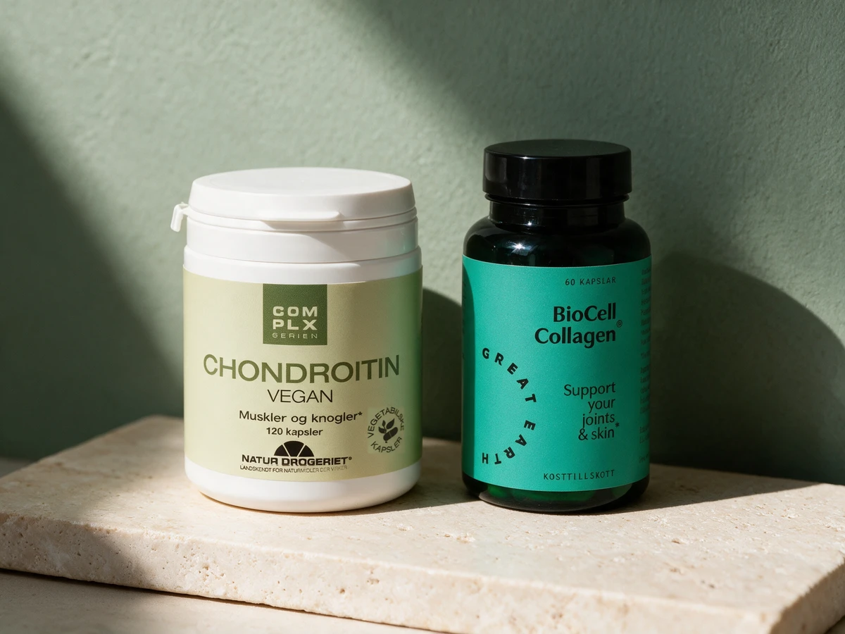 Natur Drogeriet Chondroitin Vegan og Great Earth BioCell Collagen, kondroitin fra gjæring og fra kyllingbrusk