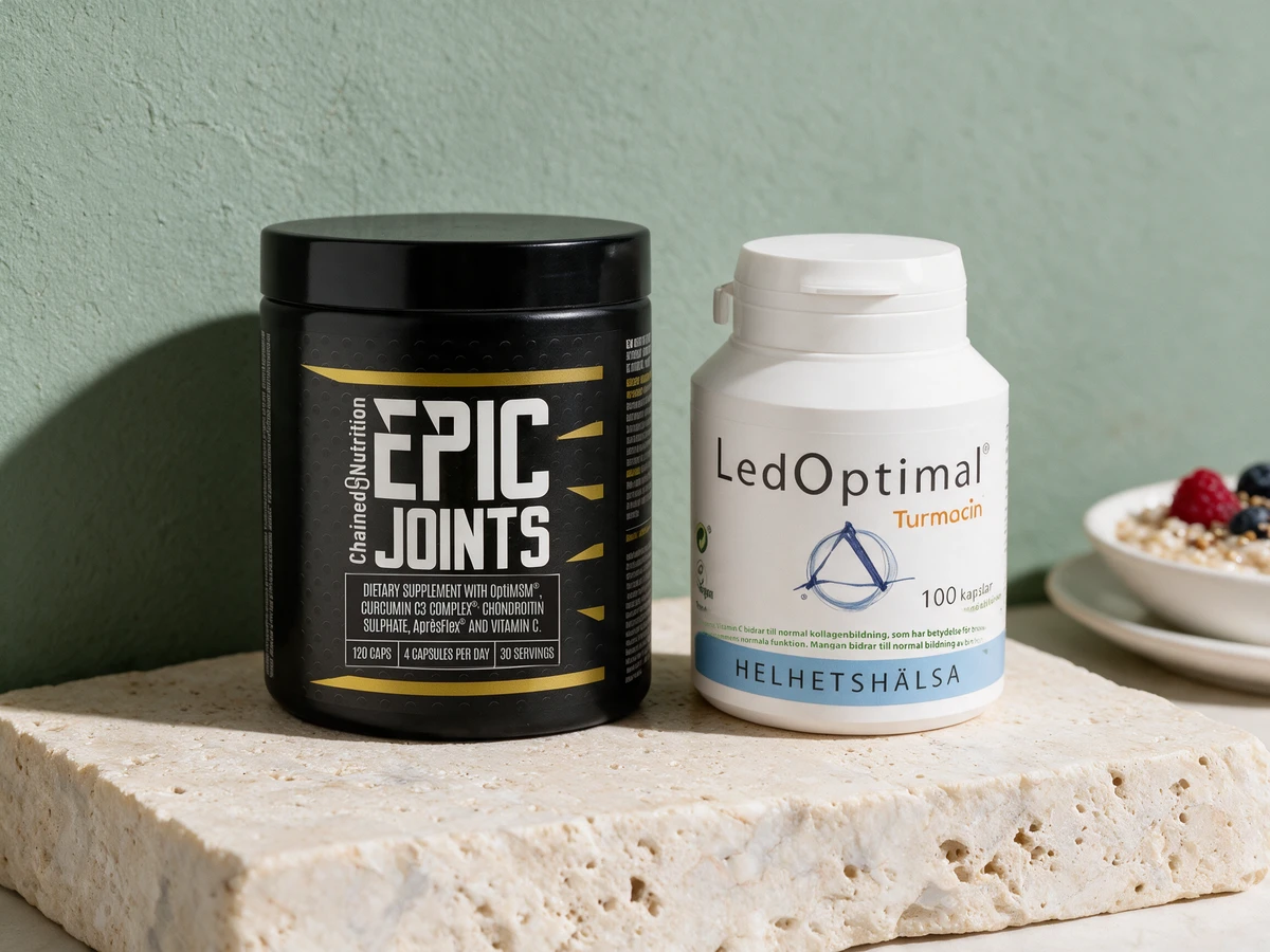 Chained Nutrition Epic Joints og Helhetshälsa LedOptimal, to blandinger med flere kapsler daglig