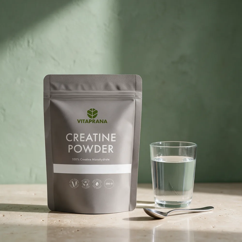 Vitaprana Creatine Powder i grå, stående pose ved siden av en skje og et drikkeglass