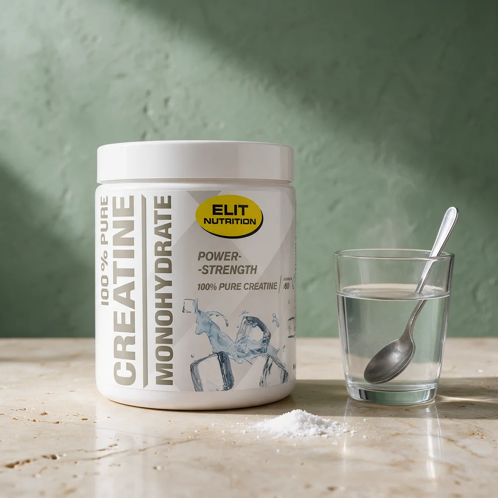 ELIT 100 % Pure Creatine Monohydrate i hvit boks med gul logo, med en liten haug pulver og et glass med skje foran