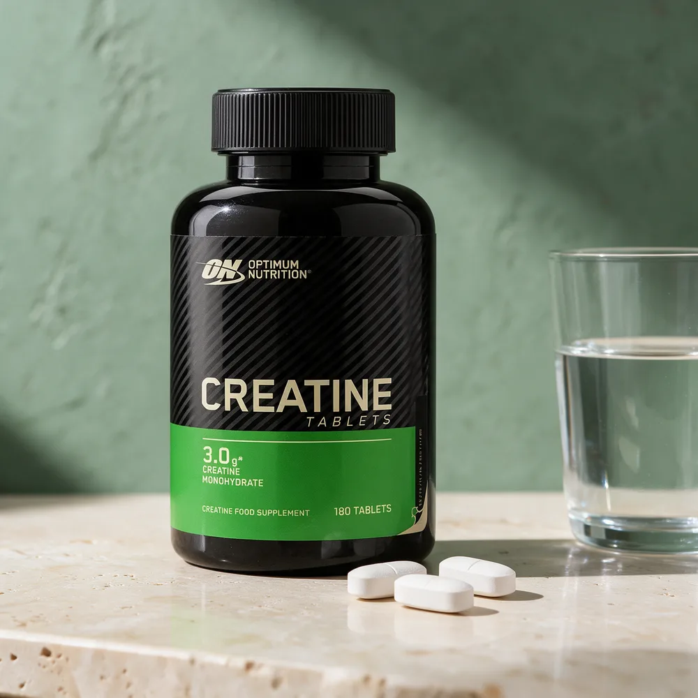 Optimum Nutrition Creatine Tablets i svart boks med grønt felt, med noen store hvite tabletter foran og et vannglass bak