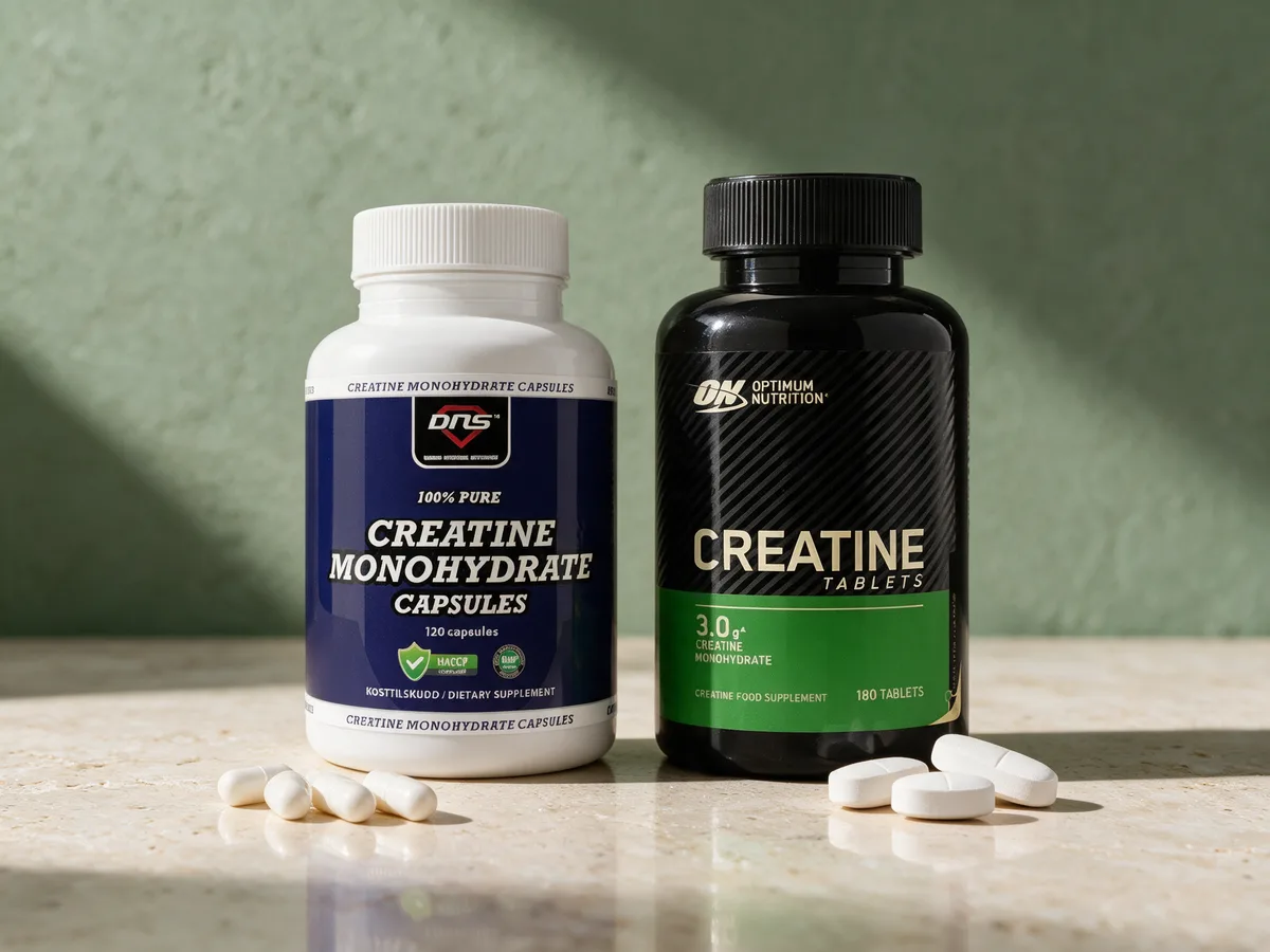DNS Kreatin Monohydrat Kapsler og Optimum Nutrition Creatine Tablets, hver boks med kapslene eller tablettene dagsdosen består av foran