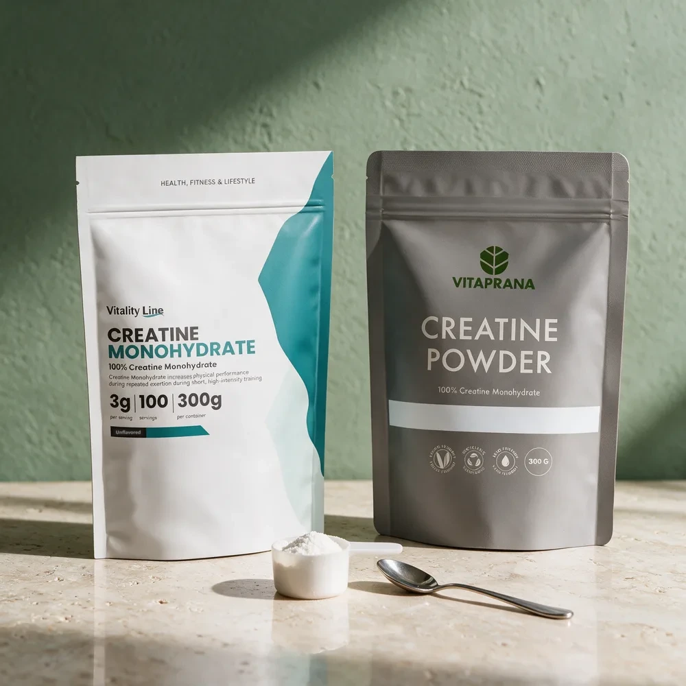 Vitality Line Sport Kreatinmonohydrat med måleskje på tre gram og Vitaprana Creatine Powder, som doseres med teskje