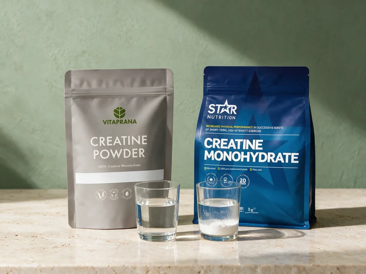 Vitaprana Creatine Powder og Star Nutrition Creatine Monohydrate, med et vannglass foran hver pose: det ene klart, det andre med pulver i bunnen