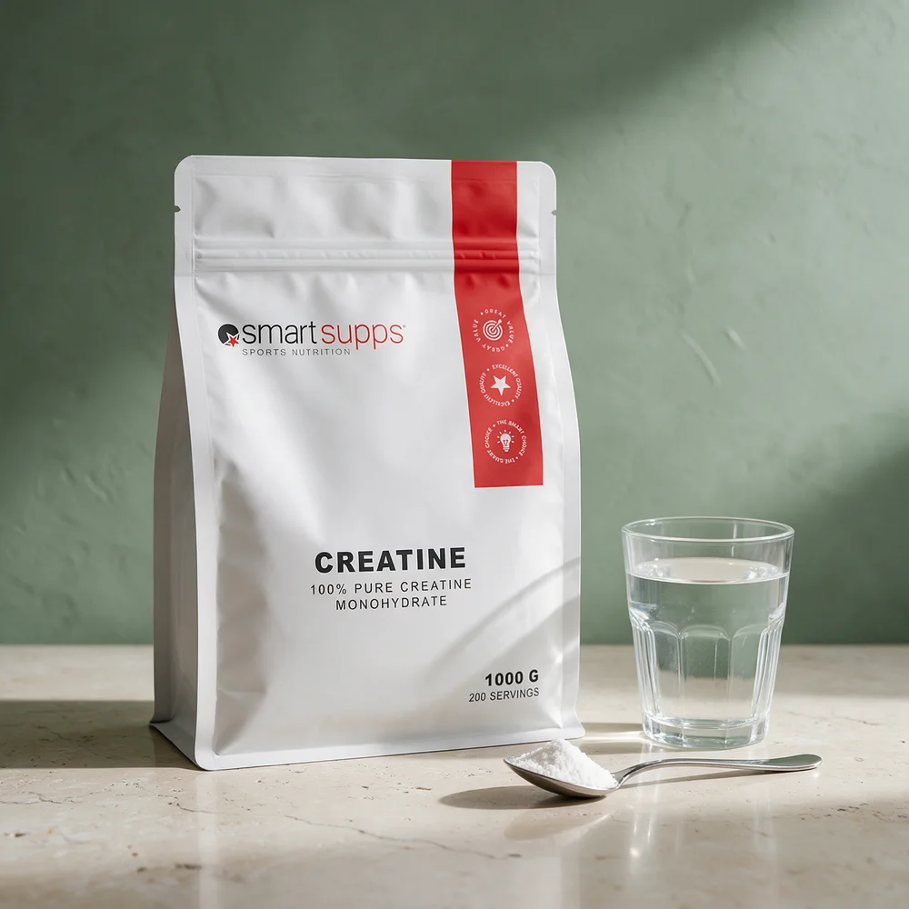 SmartSupps Kreatin Monohydrat i hvit, stående pose med rød stripe og en teskje med fint, hvitt pulver