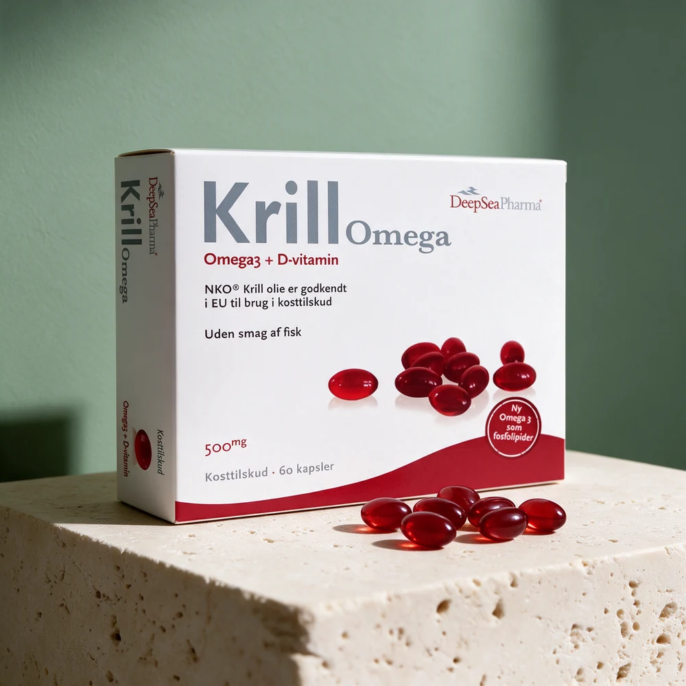 DeepSea Pharma KrillOmega + D-vitamin i eske med små kapsler foran