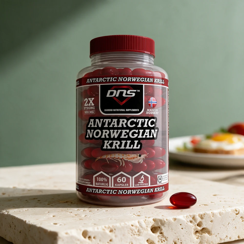 DNS Antarctic Norwegian Krill med 60 kapsler merket «2X STRONG 900 MG» og én kapsel foran boksen