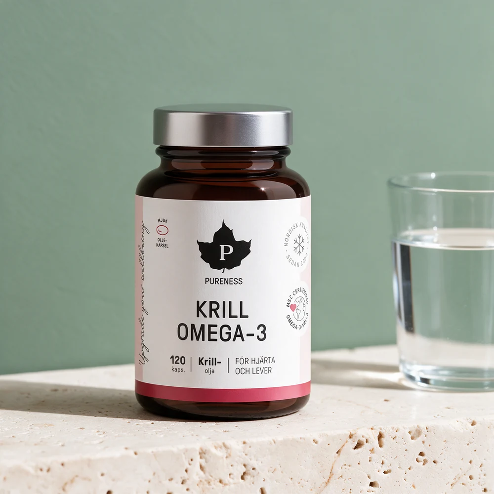 Pureness Krill Omega-3 med 120 kapsler i brun glasskrukke med metallokk