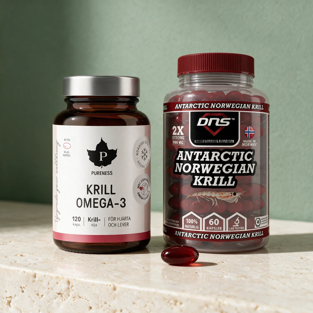 Pureness Krill Omega-3 og DNS Antarctic Norwegian Krill side om side, med én kapsel foran DNS-boksen