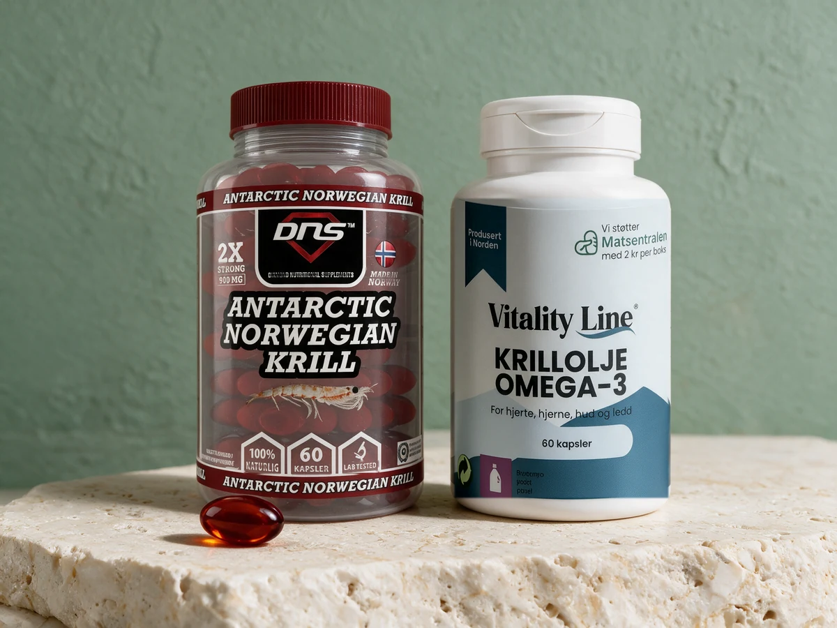 DNS Antarctic Norwegian Krill og Vitality Line Krillolje Omega-3 side om side, med én kapsel foran DNS-boksen