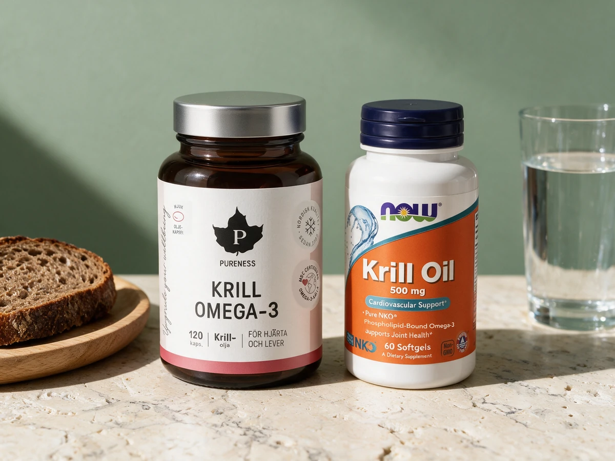 Pureness Krill Omega-3 og Now Foods Krill Oil ved en brødskive og et glass vann