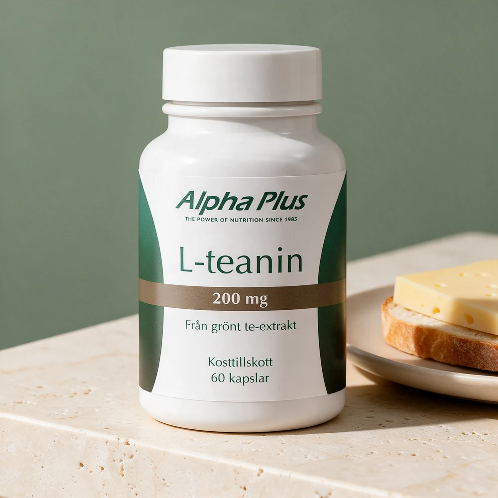Alpha Plus L-teanin, boks der etiketten oppgir 200 mg fra grønn te-ekstrakt