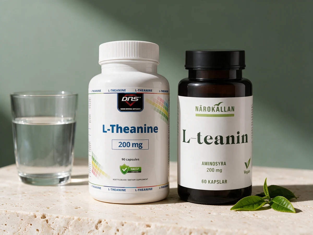 DNS L-Theanine med 200 mg per kapsel og Närokällan L-teanin med 200 mg teanin i te-ekstrakt
