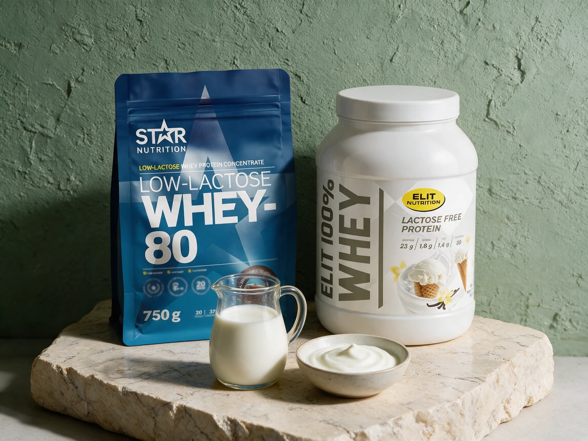 Star Nutrition Low-Lactose Whey-80 i blå pose og ELIT 100 % Whey Laktosefri i hvit boks ved en kanne melk og en skål yoghurt