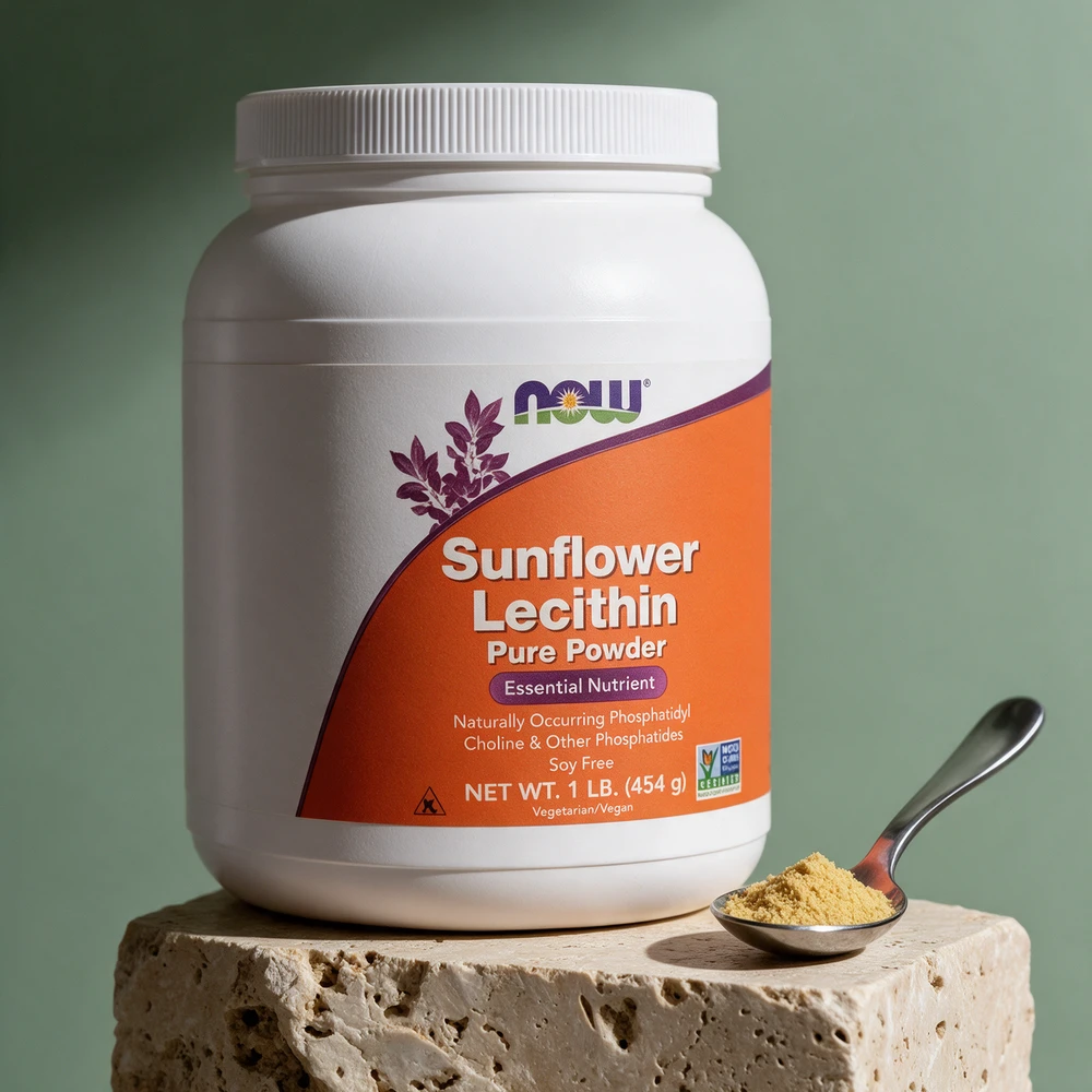NOW Sunflower Lecithin Powder, pulverboks på 454 gram og en spiseskje med pulver
