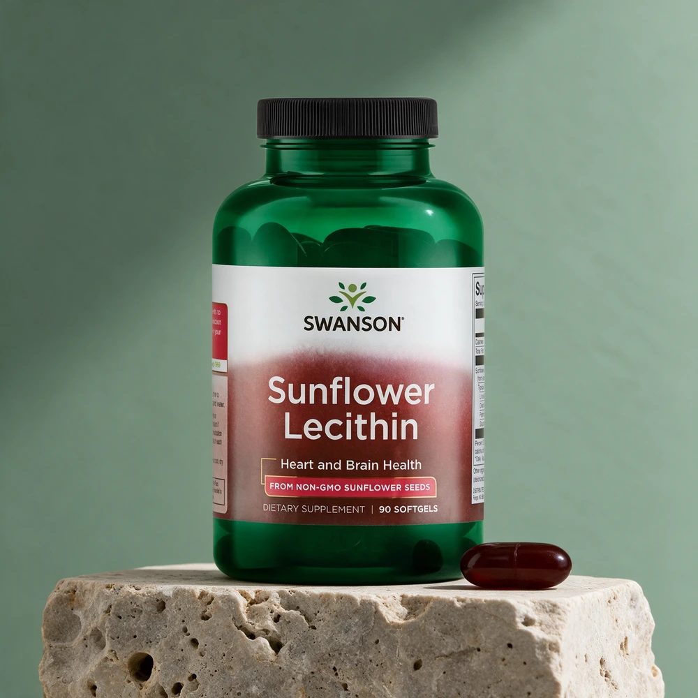 Swanson Sunflower Lecithin og en avlang, rødbrun gelkapsel på omtrent 2,8 centimeter