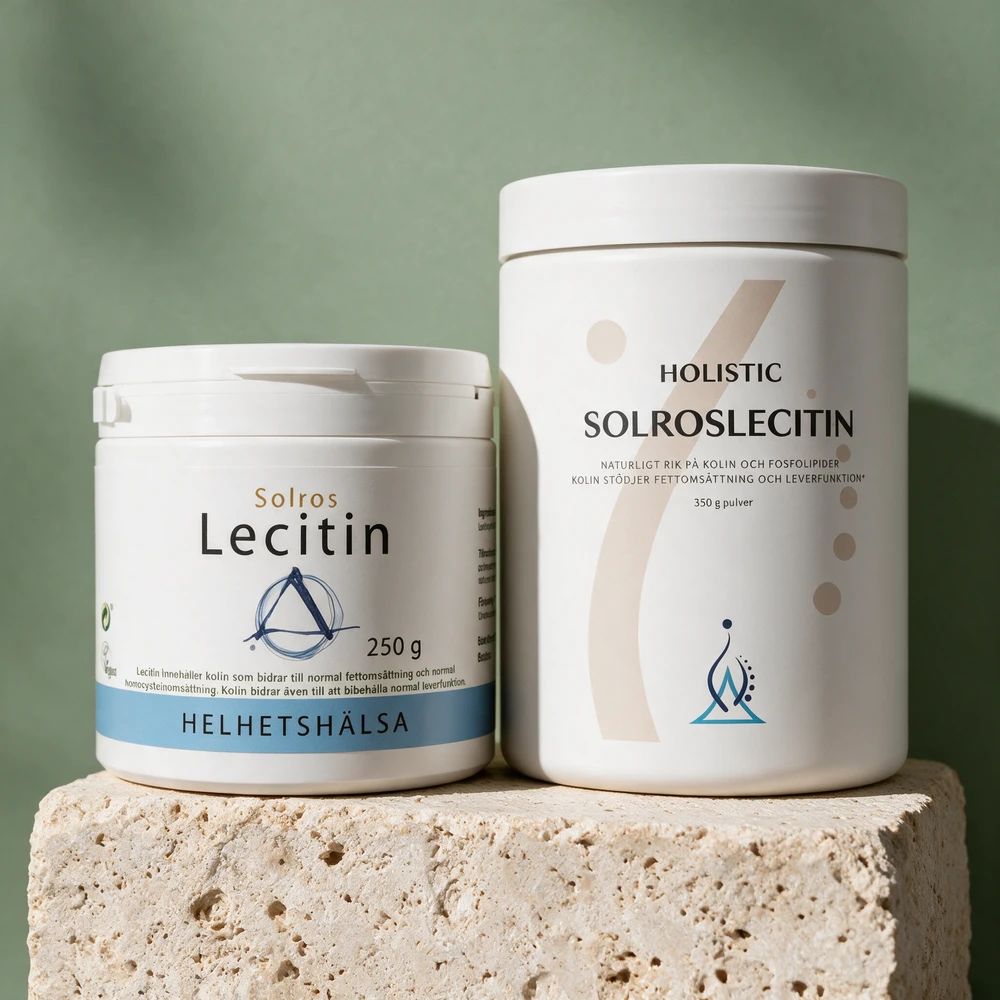 Helhetshälsa Solsikkelecitin og Holistic Solsikkelecitin, de to pulverne med ti gram lecitin per skje