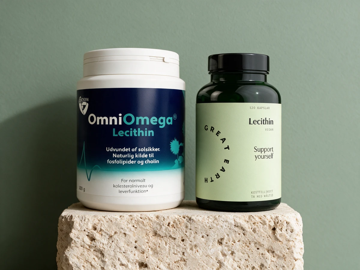 Biosym OmniOmega Lecithin med granulat og Great Earth Lecithin med plantekapsler